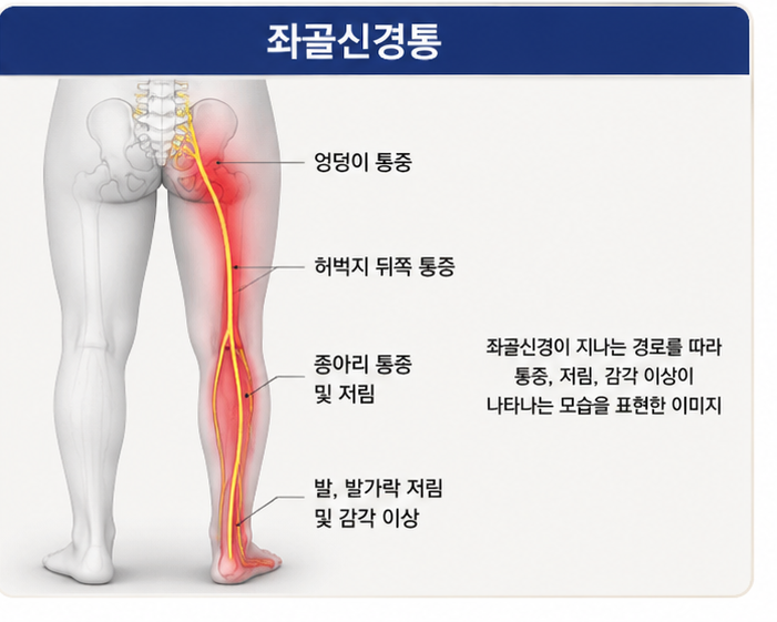 좌골신경통의 엉덩이에서 다리와 발까지 이어지는 통증 경로 이미지